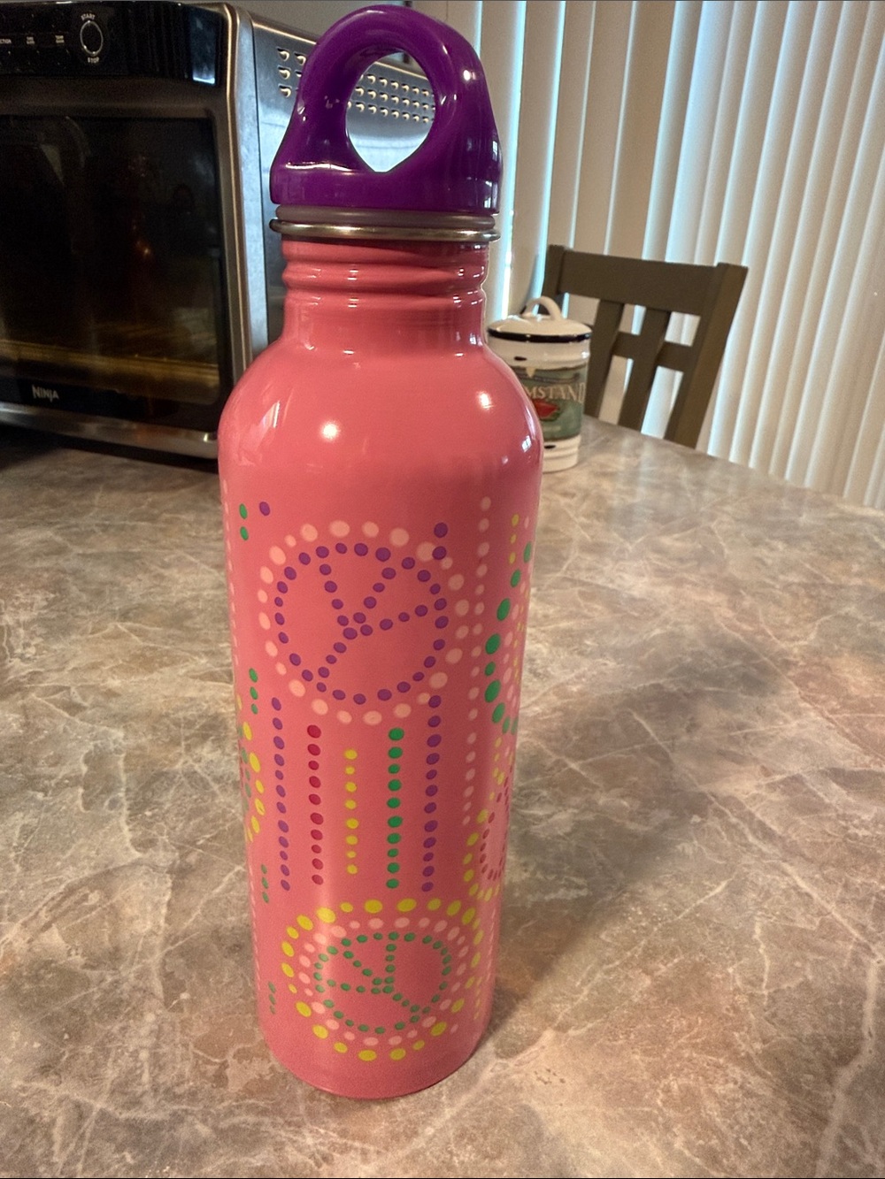 Pink Stainless Drink Bottle with Purple Cap - Peace Dot Design